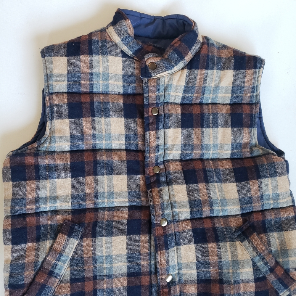 Vintage 1970s 80s Mens Heywood House Reversable Navy Camel Plaid Lumberjack Vest